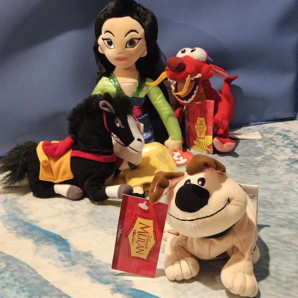 Disney TY Sparkle Mulan Plush Bundle Khan Little Brother Mushu Beanie Hang Tags